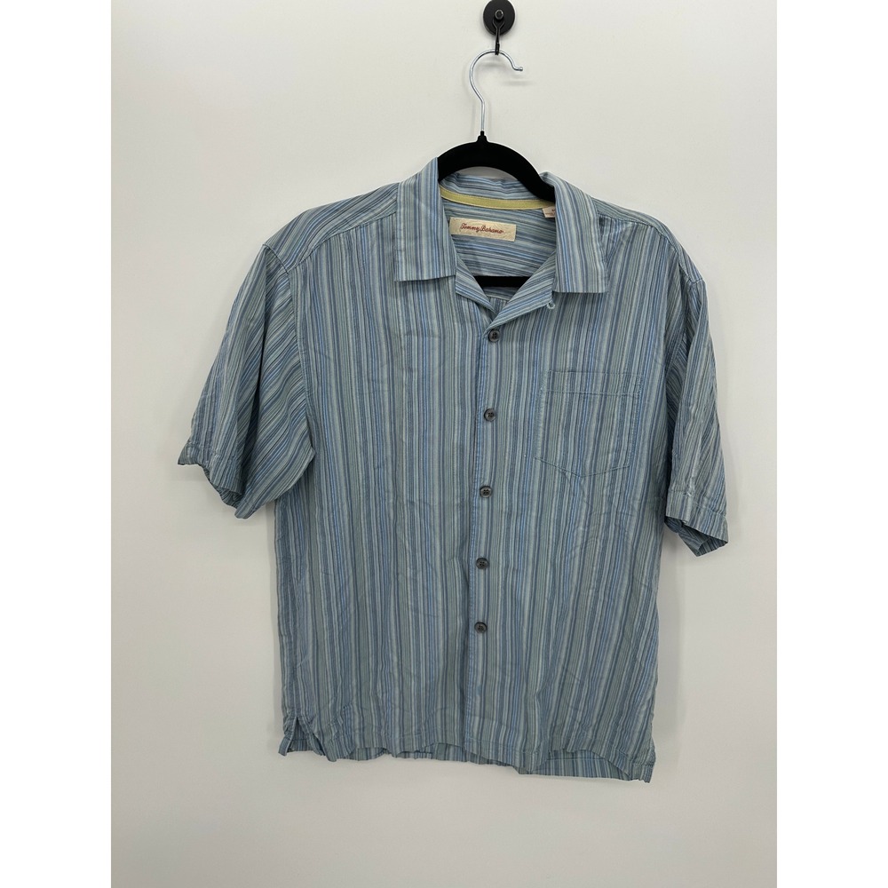 Tommy Bahama Mens Small Blue Striped 100% Silk Short Sleeve Button Down Shirt